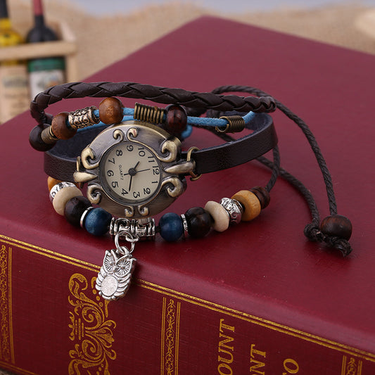 Women's Quartz Watch Elegant Beaded Fashion Leather Bracelet