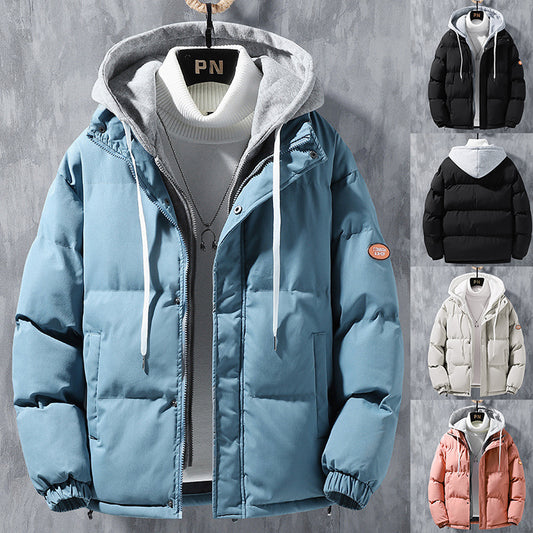 Fashion Hooded Jacket Men Winter Windproof Thickened Fake Two-piece Coat